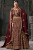 Georgette Dark Maroon Embroidered A Line Lehenga