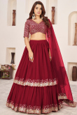 Georgette Deep Red Sequins Embroidered Layered Style Lehenga 