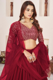 Georgette Deep Red Sequins Embroidered Layered Style Lehenga 