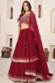 Georgette Deep Red Sequins Embroidered Layered Style Lehenga 