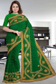 Georgette Indian Saree In Dark Green Color