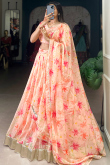 Georgette Light Peach Lehenga with Printed Work for Diwali