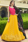 Georgette Mustard Yellow Embroidered Panelled Style Lehenga