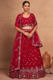 Georgette Ruby Red Flared Style Lehenga With Sequins Work
