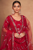 Georgette Ruby Red Flared Style Lehenga With Sequins Work