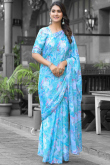 Georgette Sky Blue Pre-Stitched Saree With Printed Work 