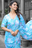 Georgette Sky Blue Pre-Stitched Saree With Printed Work 