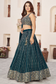 Georgette Teal Blue Zari Embroidered Panelled Lehenga