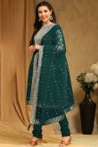 Georgette Teal Green Sequins Embroidered Straight Cut Suit