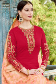 Lovely Faux Georgette Churidar Suit In Red Color With Resham Embroidered