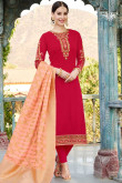 Lovely Faux Georgette Churidar Suit In Red Color With Resham Embroidered
