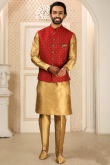Gold Art Silk Embroidered Men Kurta Pajama