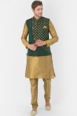 Gold Dupion Silk Men Plain Kurta Churidar With Printed Jacket