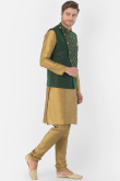 Gold Dupion Silk Men Plain Kurta Churidar With Printed Jacket