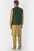Gold Dupion Silk Men Plain Kurta Churidar With Printed Jacket