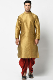 Gold Dupion Silk Straight Cut Men Kurta With Dhoti 