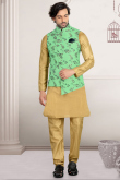 Gold Silk Jacket Style Men Kurta Pajama