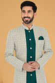 Greenish Grey Dupion Silk Jacket Style Men Sherwani