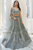 Greenish Grey Net Embroidered A-Line Lehenga