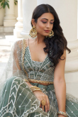 Greenish Grey Net Embroidered A-Line Lehenga