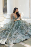 Greenish Grey Net Embroidered A-Line Lehenga