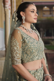 Greenish Grey Net Embroidered A Line Lehenga 