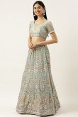 Greenish Grey Net Embroidered Lehenga
