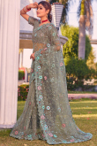 Greenish Grey Net Sequins Embroidered Saree