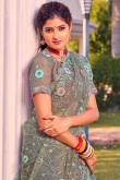 Greenish Grey Net Sequins Embroidered Saree