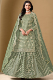 Greenish Grey Silk Blend Lehenga with Woven Zari Work for Wedding Wear
