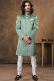 Greenish Grey Silk Woven Men Sherwani