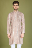 Grey Beige Cotton Silk Men's Kurta With Sequins Work For Weddings