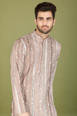 Grey Beige Cotton Silk Men's Kurta With Sequins Work For Weddings