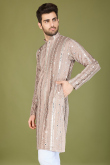 Grey Beige Cotton Silk Men's Kurta With Sequins Work For Weddings