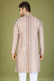 Grey Beige Cotton Silk Men's Kurta With Sequins Work For Weddings