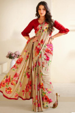 Grey Beige Crepe Saree With Printed Work For Casual Wear