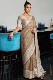 Grey Beige Handloom Linen Saree With Woven Thread 