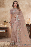 Grey Beige Net Embroidered Saree For Wedding