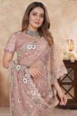 Grey Beige Net Embroidered Saree For Wedding