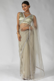 Grey Beige Net Saree with Stone Work for Party 