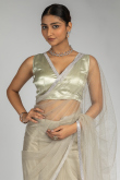 Grey Beige Net Saree with Stone Work for Party 