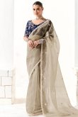 Grey Beige Organza Saree With Sequins Work For Diwali
