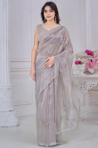 Grey Beige Organza Saree With Sequins Work For Diwali