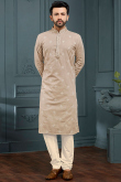 Grey Beige Poly Cotton Straight Cut Men Churidar Kurta Pajama
