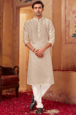 Grey Beige Poly Silk Straight Cut Men Kurta Pajama