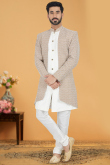 Grey Beige Silk Embroidered Men Sherwani