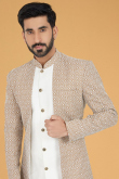 Grey Beige Silk Embroidered Men Sherwani