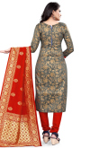 Grey Brocade Straight Cut Churidar Suit