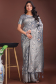 Grey Cotton Saree With Weaved Work For Diwali
