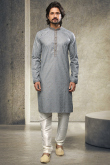 Grey Crepe Straight Cut Printed Men Kurta Churidar